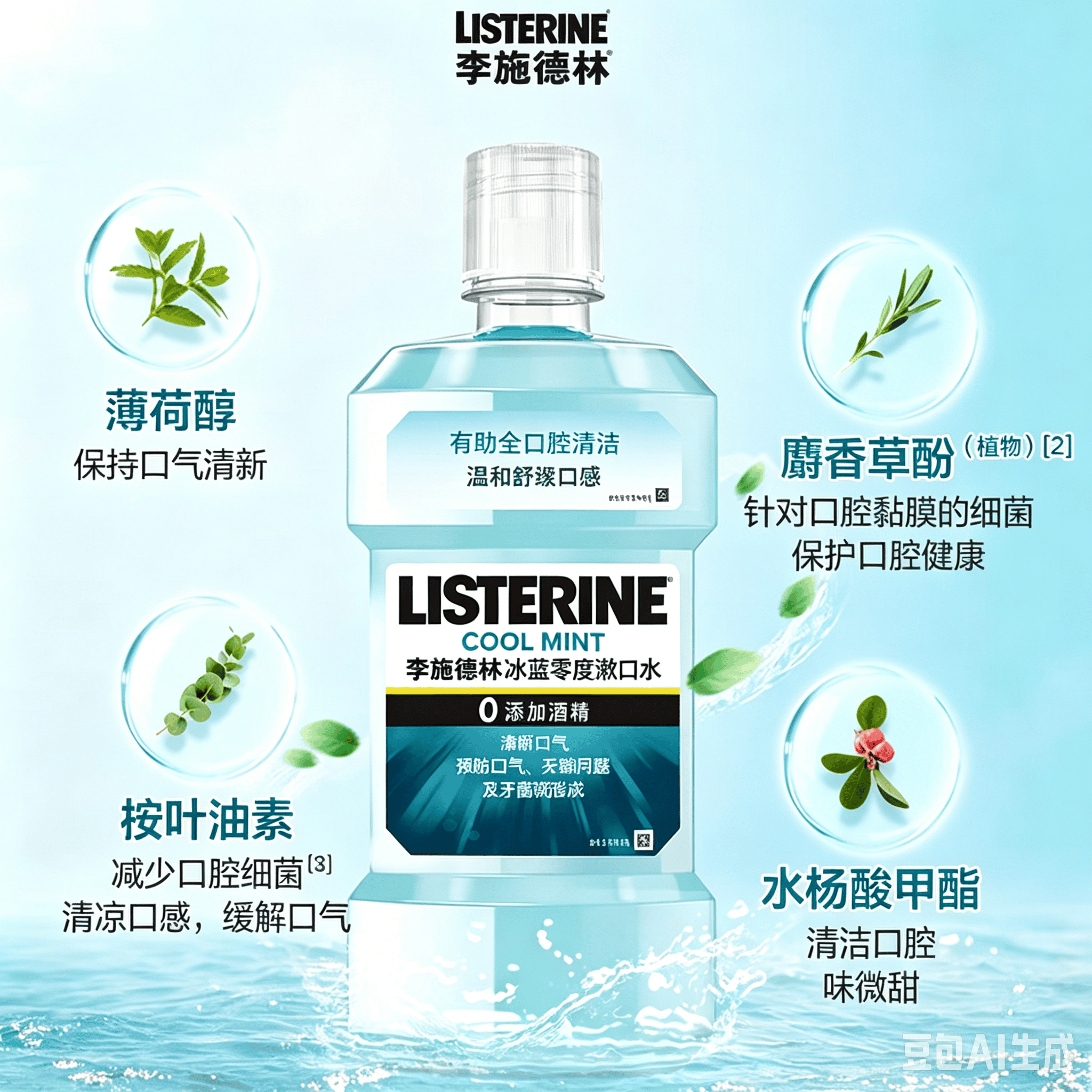 李施德林（Listerine）精油漱口水冰蓝零度温和清新口气